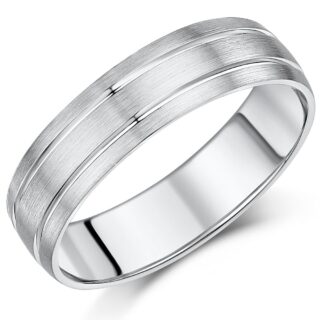 9ct White Gold Matt and Two Polished Grooves Heavy D Wedding Ring