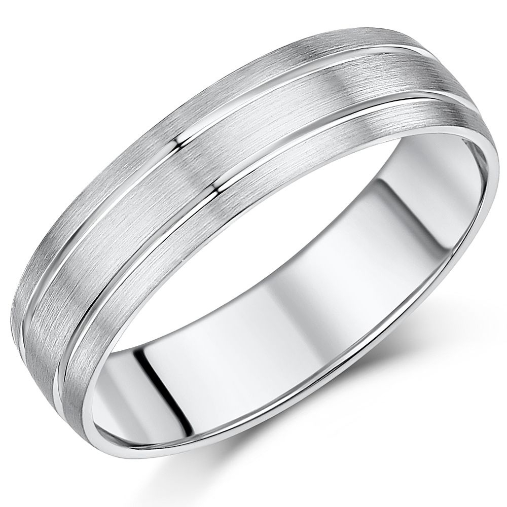 9ct White Gold Matt and Two Polished Grooves Heavy D Wedding Ring