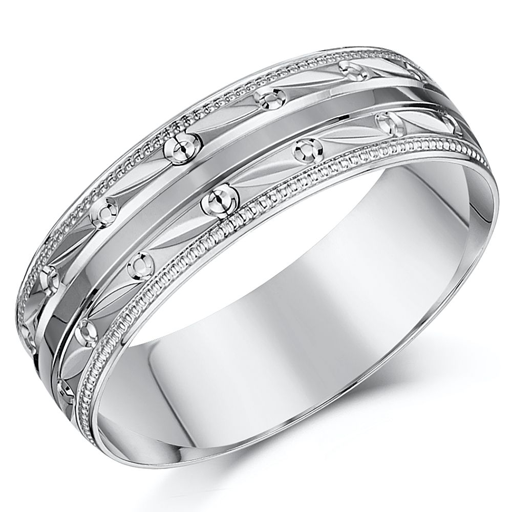 9ct White Gold Patterned Wedding Ring