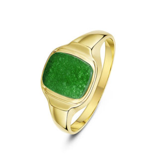 9ct Yellow Gold with Cushion Green Jade set in an Cushion Shaped Signet Ring
